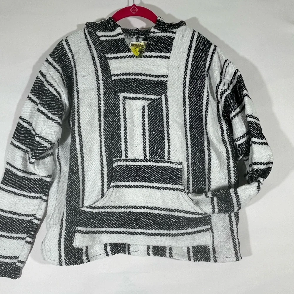 IGUANA JACK BOHO MEXICAN BLANKET HOODIE UNISEX L FITS‎ LIKE A MED BLACK/WHITE